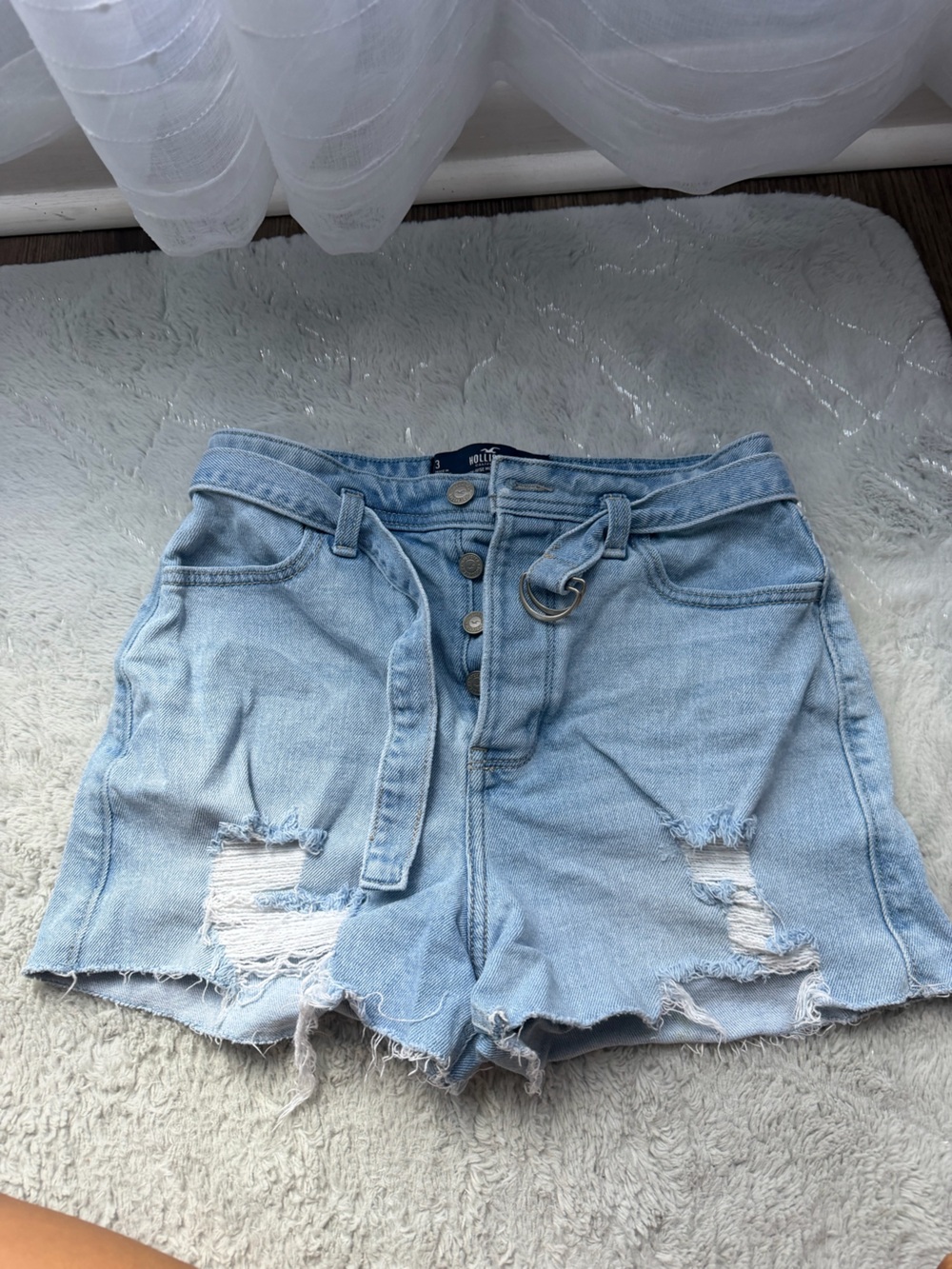 Hollister Light Blue High-Rise Distressed Denim Shorts with D-Ring Belt